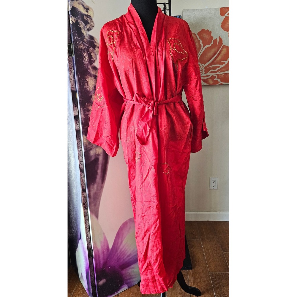 Vintage Red Satin Kimono Robe Gold Dragon Embroidery Long Loungewear Dress - Picture 5 of 13